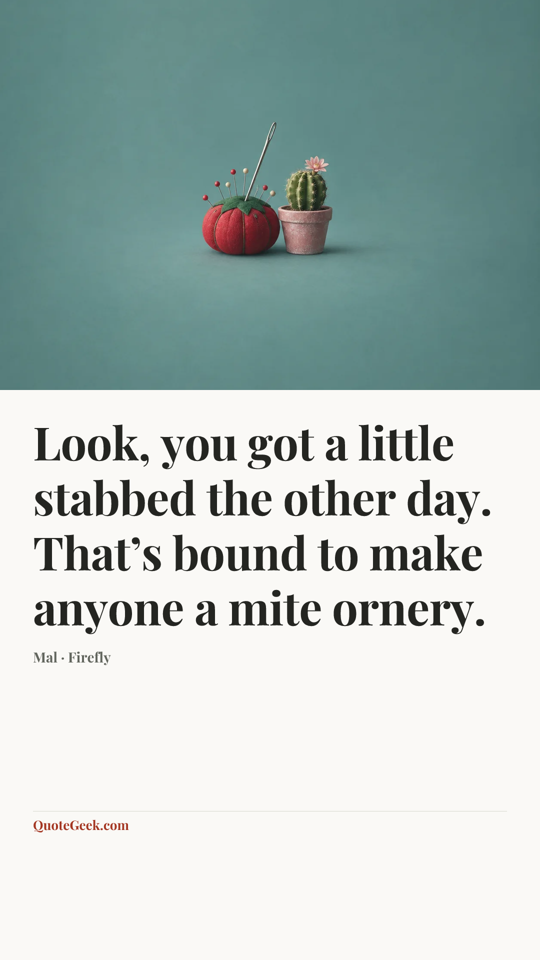 “Look, you got a little stabbed the other day. That’s bound to make anyone a mite ornery.” — Mal · Firefly. Illustrated QuoteGeek card.