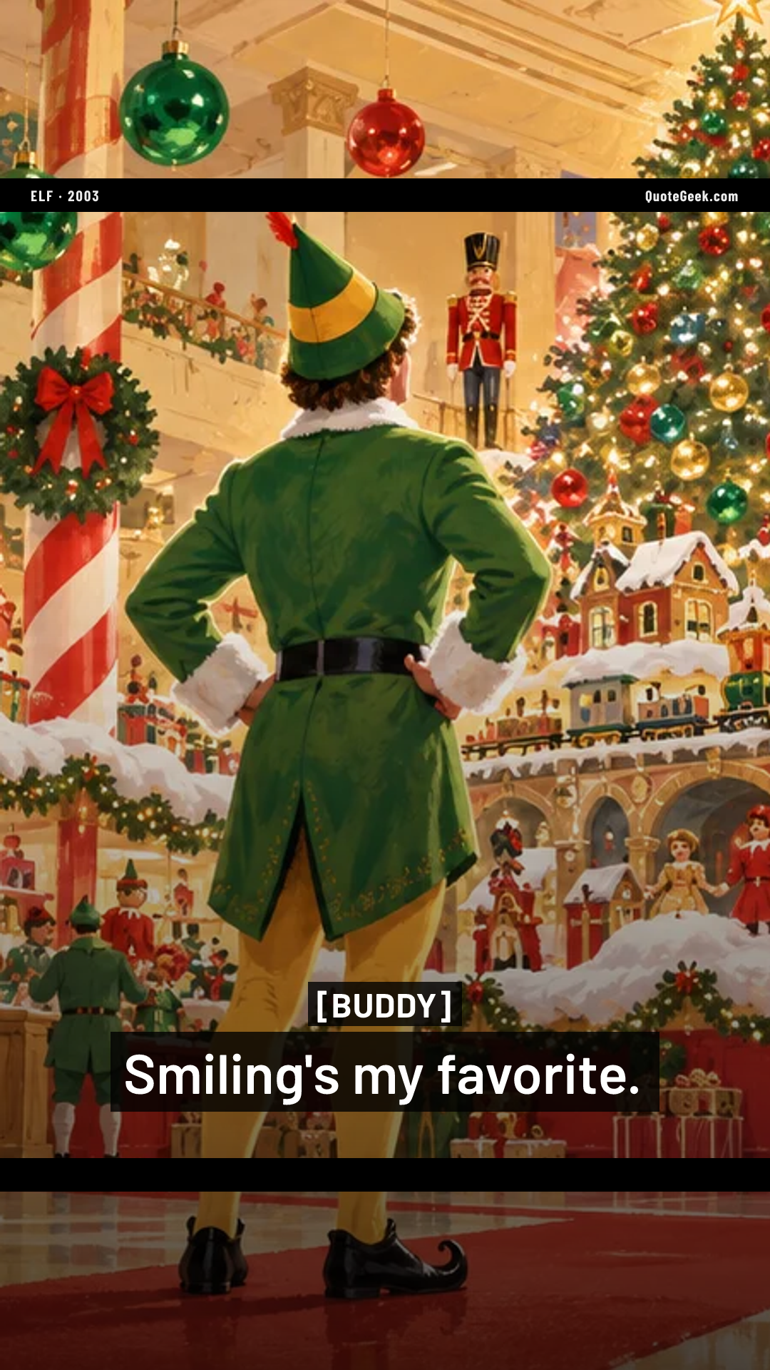 “Smiling's my favorite.” — Buddy · Elf. Illustrated QuoteGeek card.