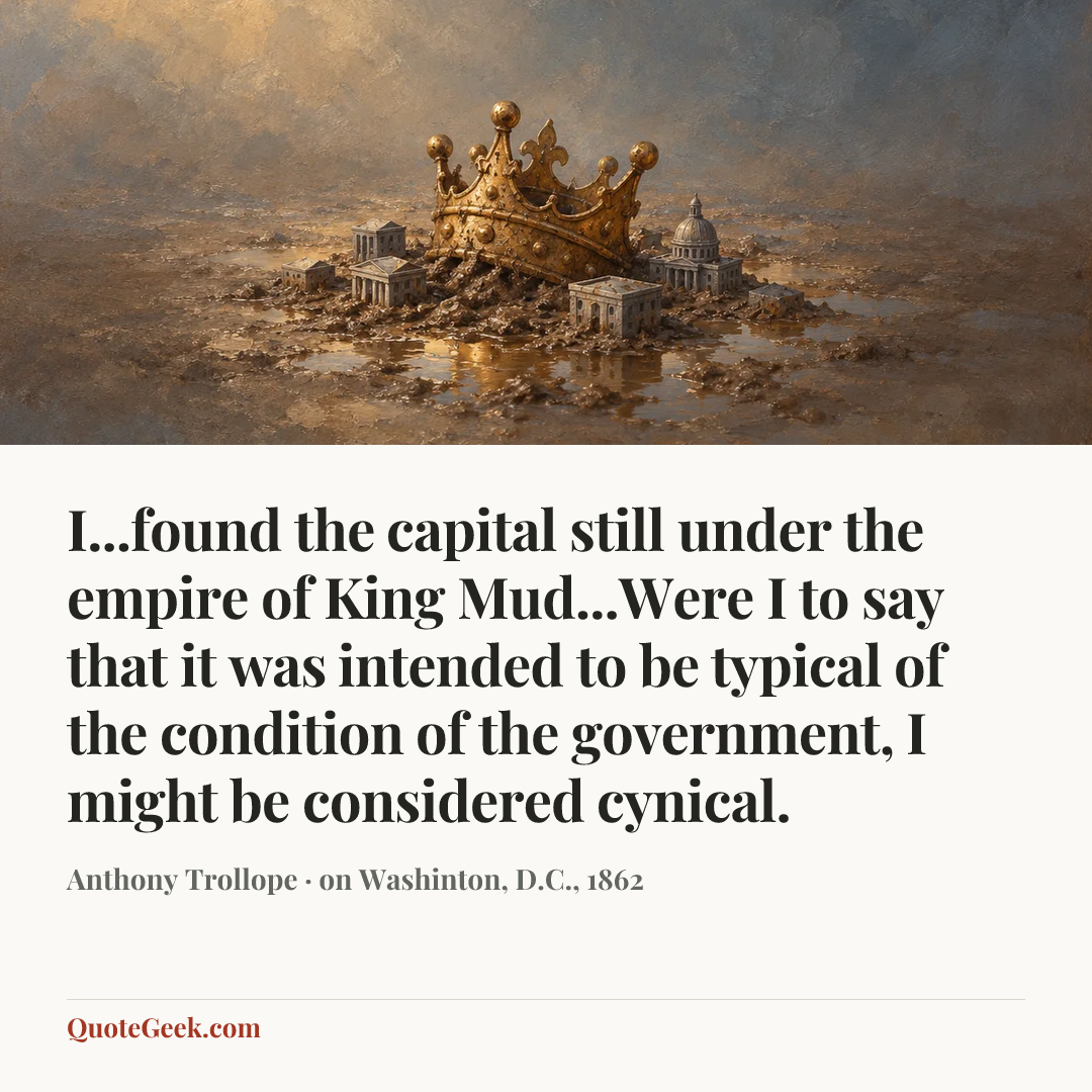 “I...found the capital still under the empire of King Mud...Were I to say that it was intended to be typical of the condition of the government, I might be considered cynical.” — Anthony Trollope · on Washinton, D.C., 1862. Illustrated QuoteGeek card.