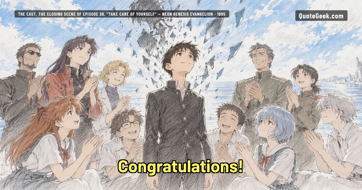 “Congratulations!” — The cast, the closing scene of episode 26, "Take Care of Yourself" · Neon Genesis Evangelion. Illustrated QuoteGeek card.