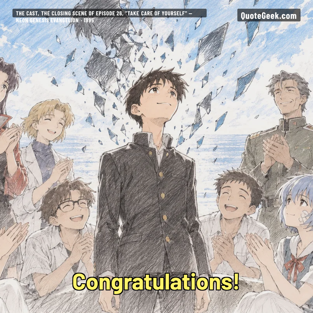 “Congratulations!” — The cast, the closing scene of episode 26, "Take Care of Yourself" · Neon Genesis Evangelion. Illustrated QuoteGeek card.