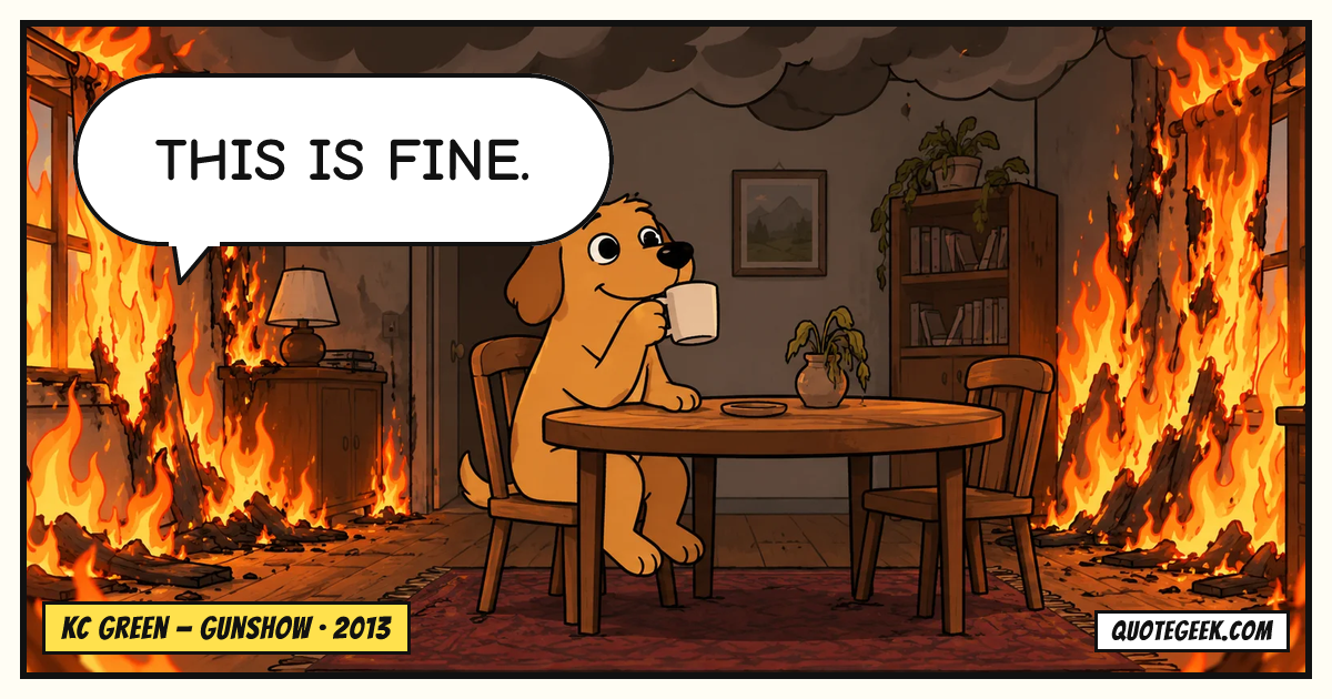 “This is fine.” — KC Green · Gunshow. Illustrated QuoteGeek card.