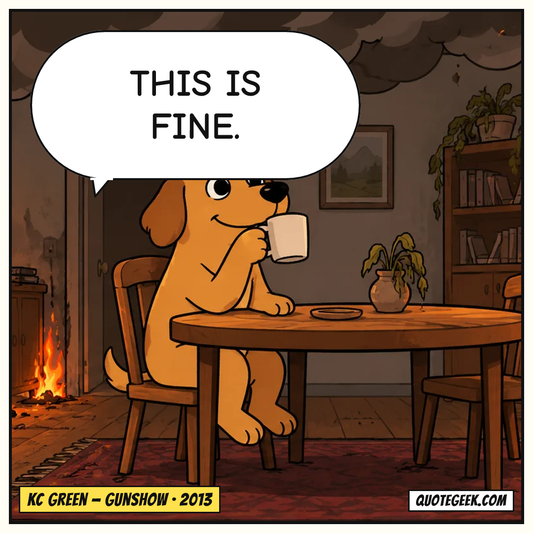 “This is fine.” — KC Green · Gunshow. Illustrated QuoteGeek card.