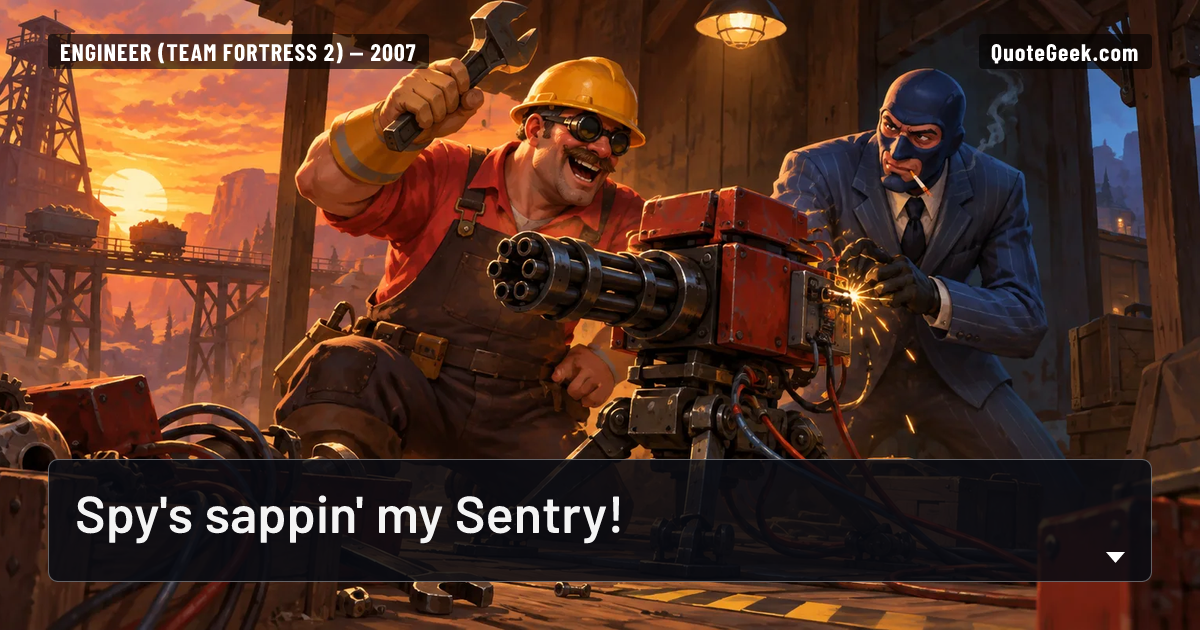 “Spy's sappin' my Sentry!” — Engineer (Team Fortress 2) · Team Fortress 2. Illustrated QuoteGeek card.