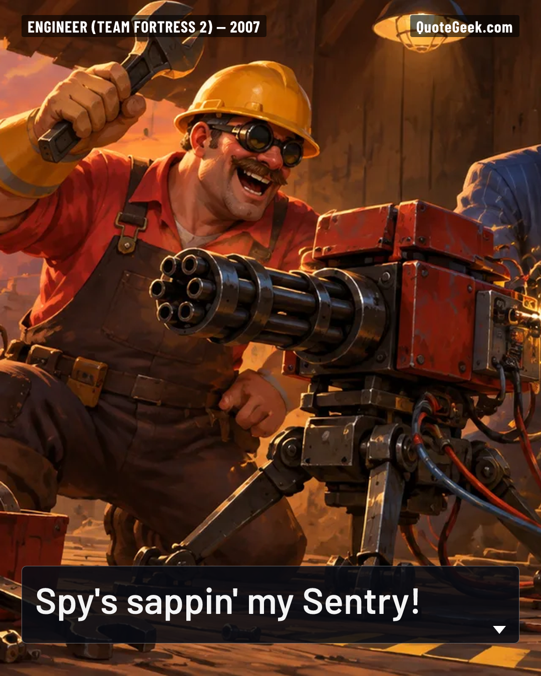 “Spy's sappin' my Sentry!” — Engineer (Team Fortress 2) · Team Fortress 2. Illustrated QuoteGeek card.