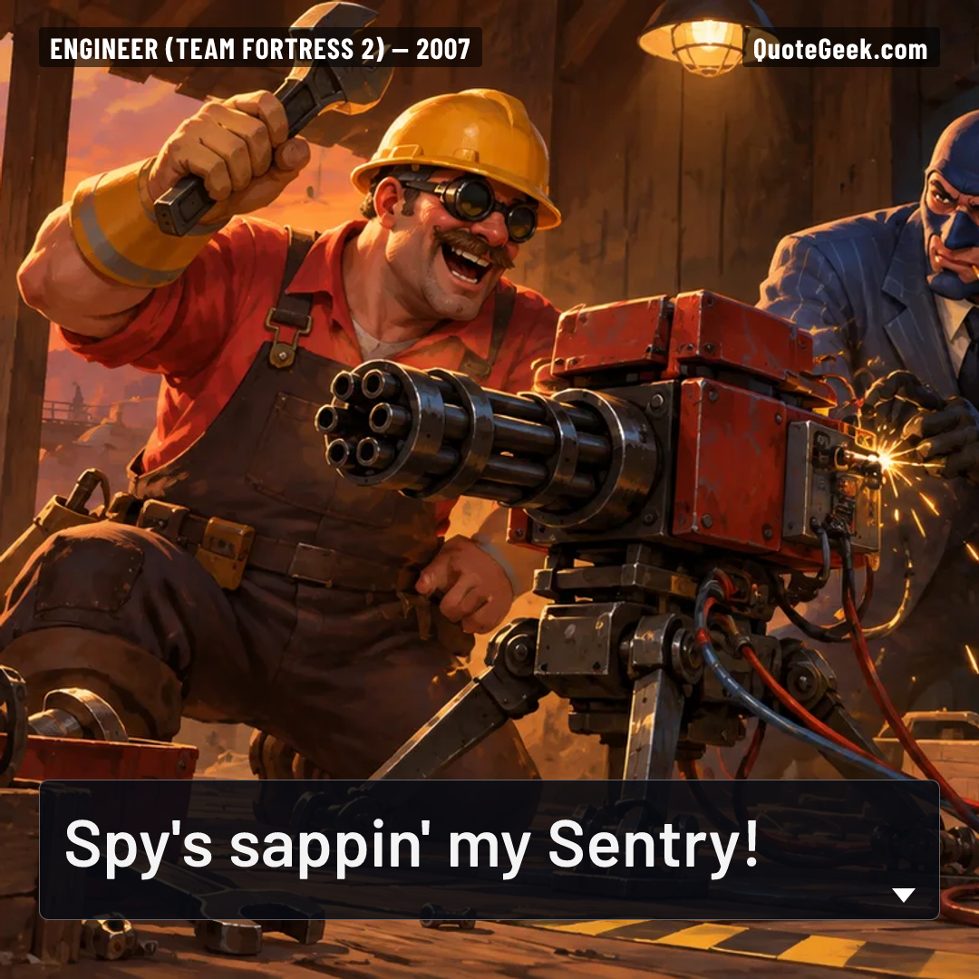 “Spy's sappin' my Sentry!” — Engineer (Team Fortress 2) · Team Fortress 2. Illustrated QuoteGeek card.