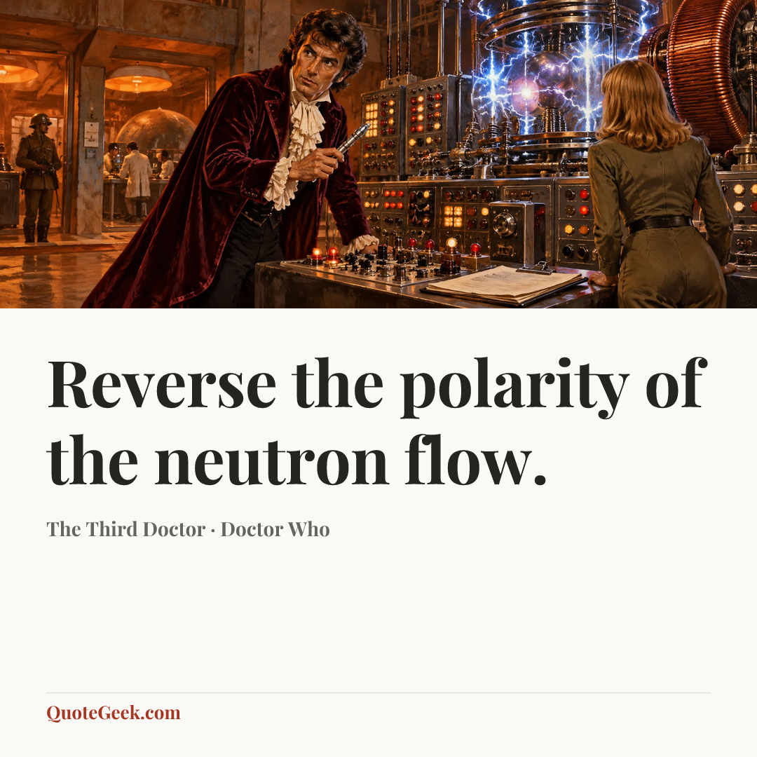 “Reverse the polarity of the neutron flow.” — The Third Doctor · Doctor Who. Illustrated QuoteGeek card.