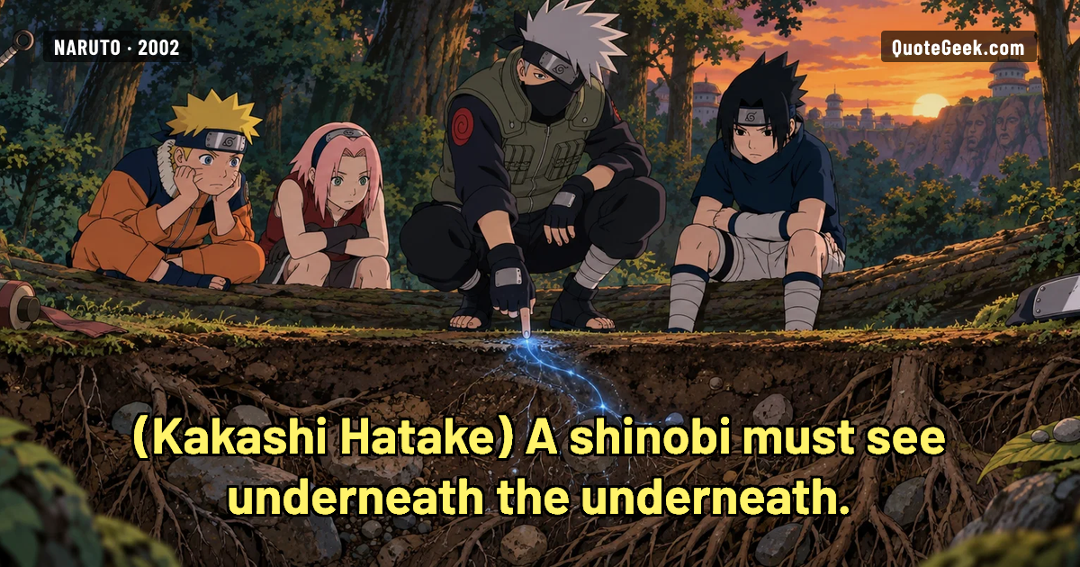 “A shinobi must see underneath the underneath.” — Kakashi Hatake · Naruto. Illustrated QuoteGeek card.
