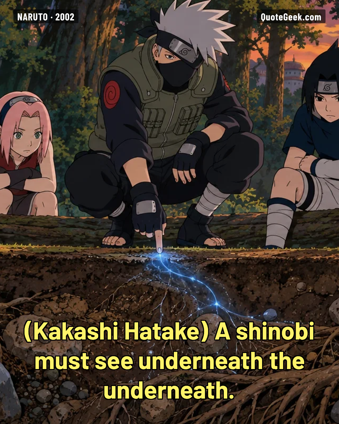 “A shinobi must see underneath the underneath.” — Kakashi Hatake · Naruto. Illustrated QuoteGeek card.