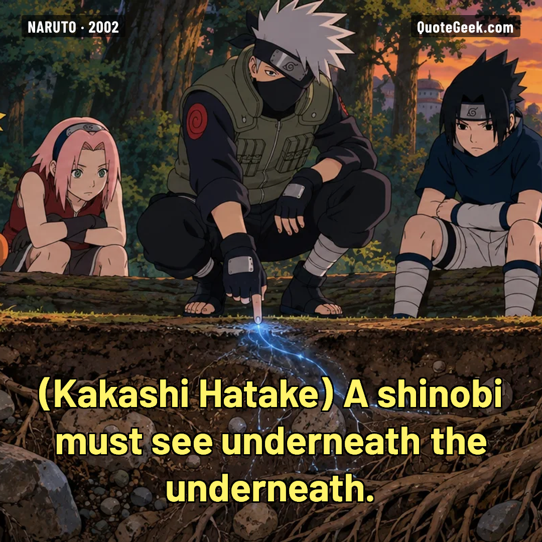 “A shinobi must see underneath the underneath.” — Kakashi Hatake · Naruto. Illustrated QuoteGeek card.