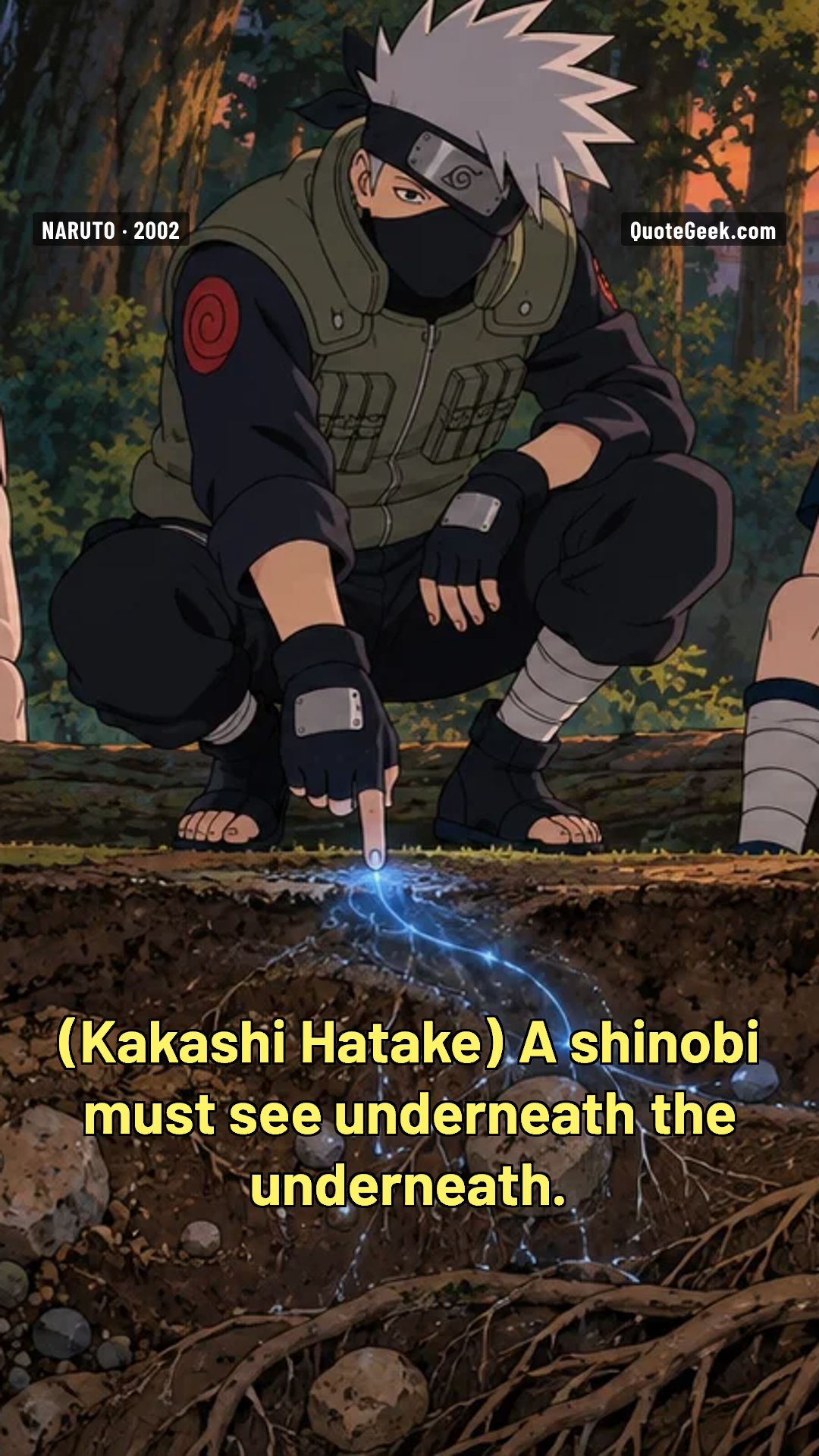 “A shinobi must see underneath the underneath.” — Kakashi Hatake · Naruto. Illustrated QuoteGeek card.