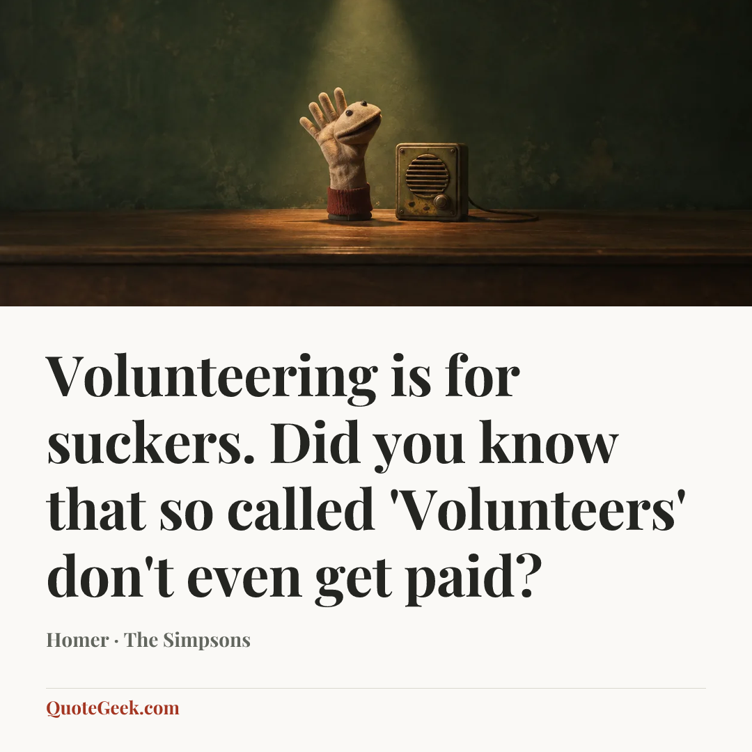 “Volunteering is for suckers. Did you know that so called 'Volunteers' don't even get paid?” — Homer · The Simpsons. Illustrated QuoteGeek card.
