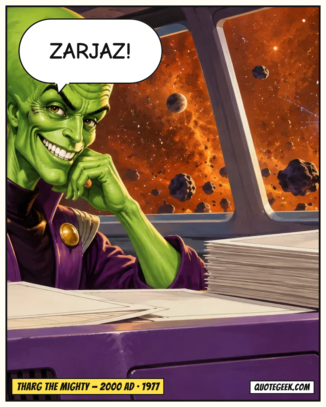 “Zarjaz!” — Tharg the Mighty · 2000 AD. Illustrated QuoteGeek card.
