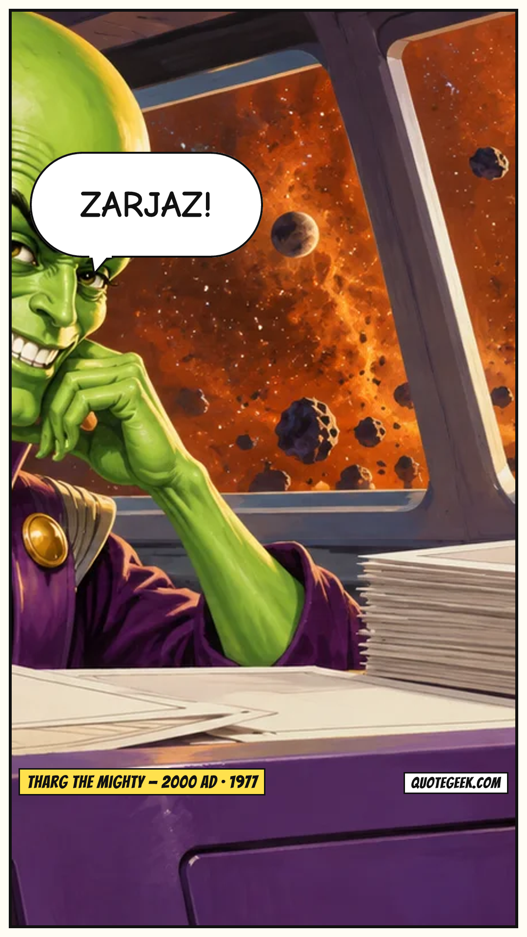 “Zarjaz!” — Tharg the Mighty · 2000 AD. Illustrated QuoteGeek card.