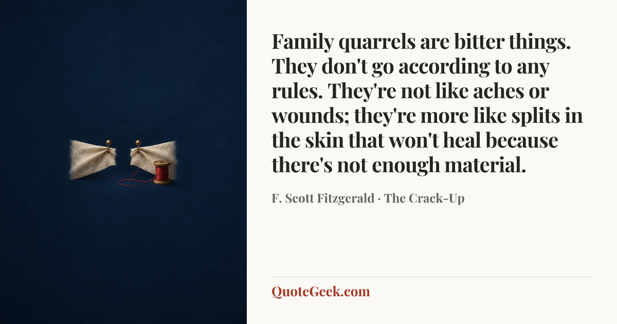 “Family quarrels are bitter things. They don't go according to any rules. They're not like aches or wounds; they're more like splits in the skin that won't heal because there's not enough material.” — F. Scott Fitzgerald · The Crack-Up. Illustrated QuoteGeek card.
