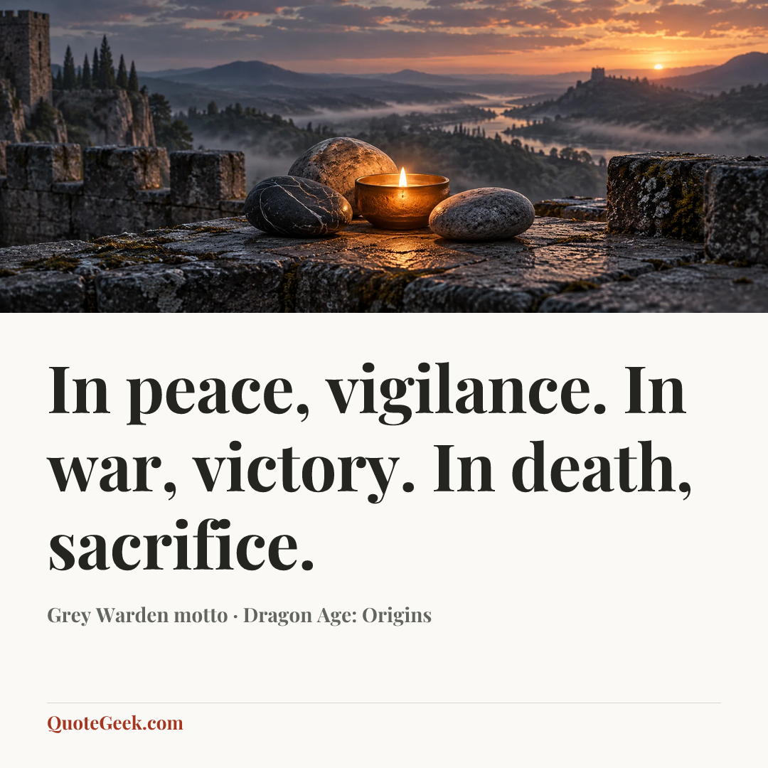 “In peace, vigilance. In war, victory. In death, sacrifice.” — Grey Warden motto · Dragon Age: Origins. Illustrated QuoteGeek card.