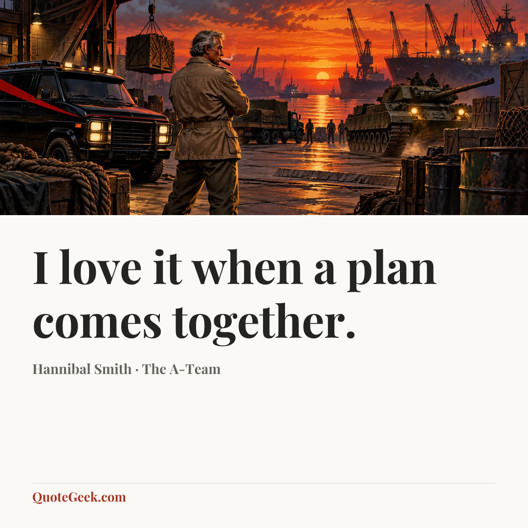 “I love it when a plan comes together.” — Hannibal Smith · The A-Team. Illustrated QuoteGeek card.