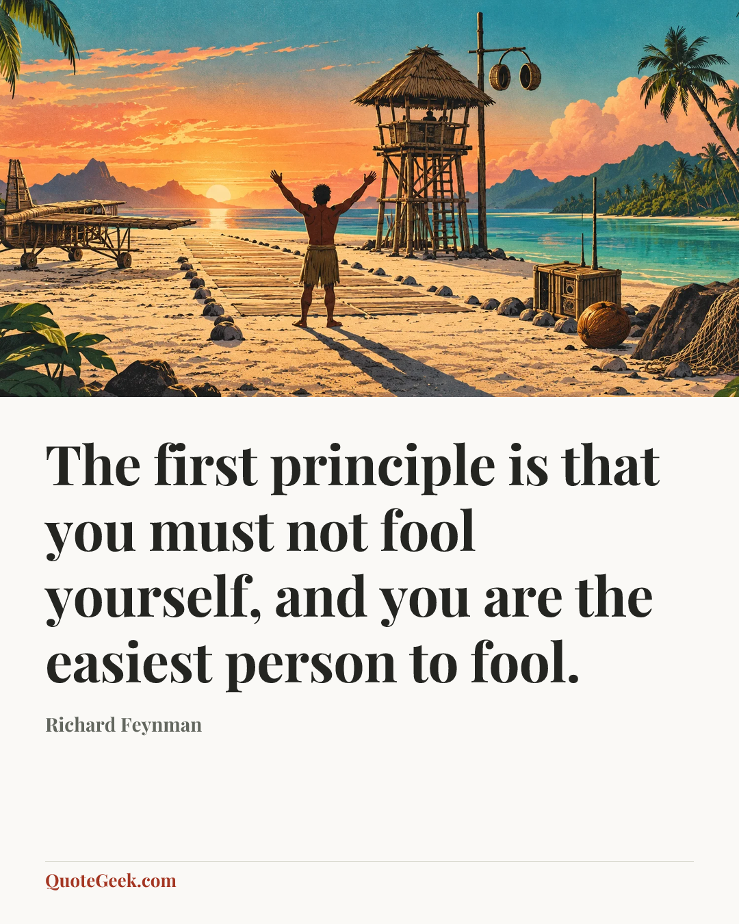 “The first principle is that you must not fool yourself, and you are the easiest person to fool.” — Richard Feynman. Illustrated QuoteGeek card.