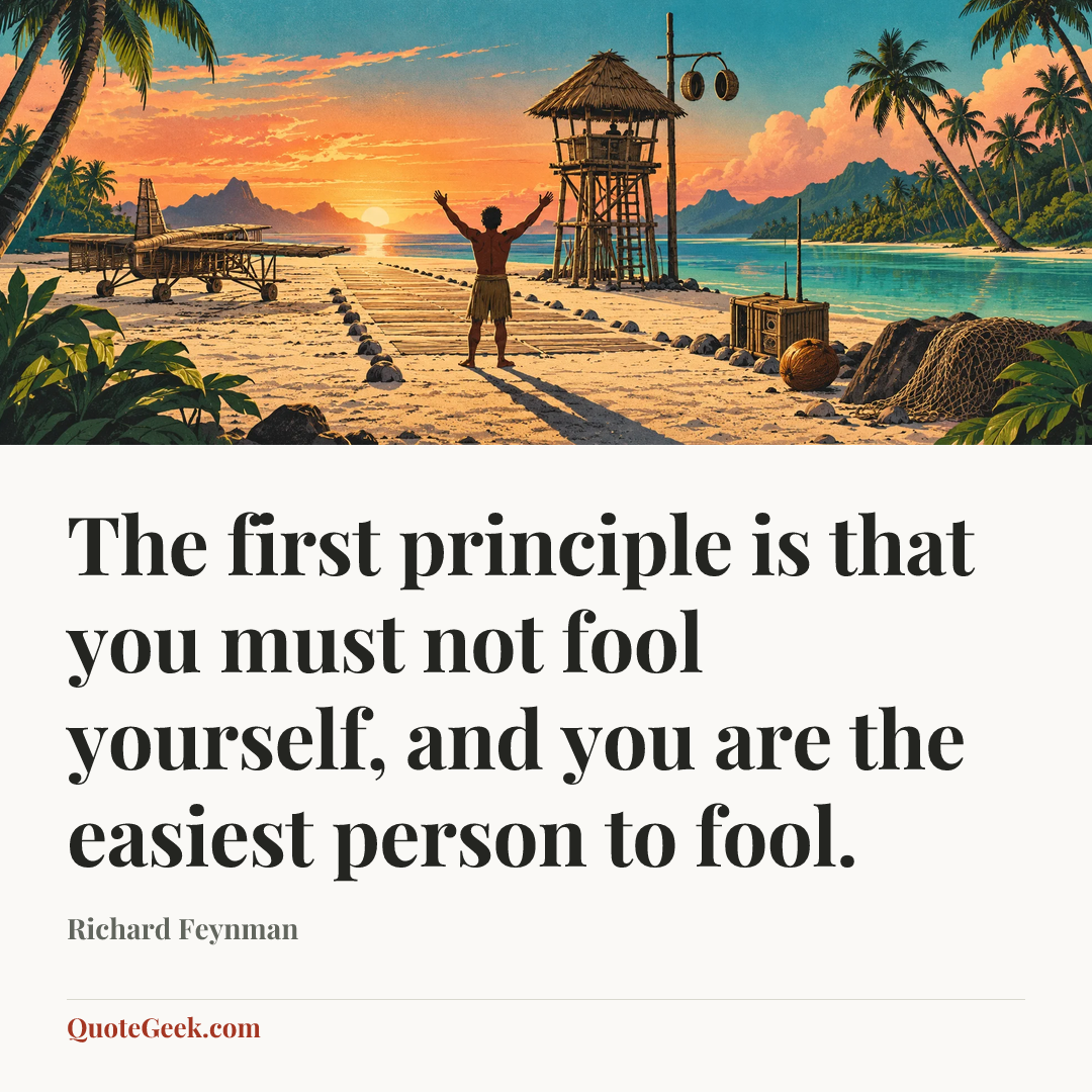 “The first principle is that you must not fool yourself, and you are the easiest person to fool.” — Richard Feynman. Illustrated QuoteGeek card.