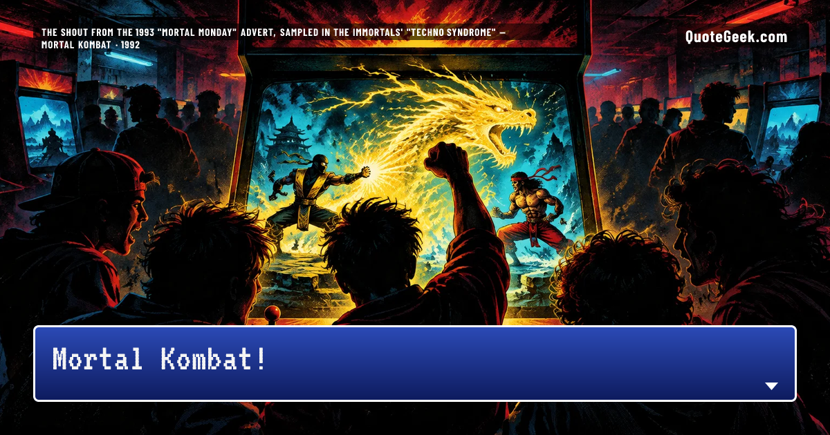 “Mortal Kombat!” — The shout from the 1993 "Mortal Monday" advert, sampled in The Immortals' "Techno Syndrome" · Mortal Kombat. Illustrated QuoteGeek card.