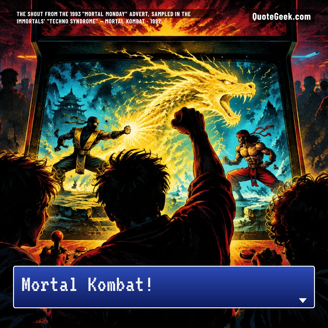 “Mortal Kombat!” — The shout from the 1993 "Mortal Monday" advert, sampled in The Immortals' "Techno Syndrome" · Mortal Kombat. Illustrated QuoteGeek card.