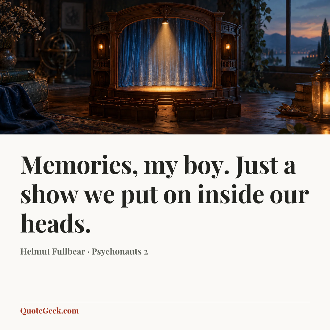 “Memories, my boy. Just a show we put on inside our heads.” — Helmut Fullbear · Psychonauts 2. Illustrated QuoteGeek card.