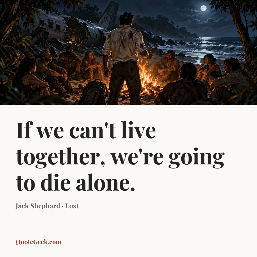 “If we can't live together, we're going to die alone.” — Jack Shephard · Lost. Illustrated QuoteGeek card.