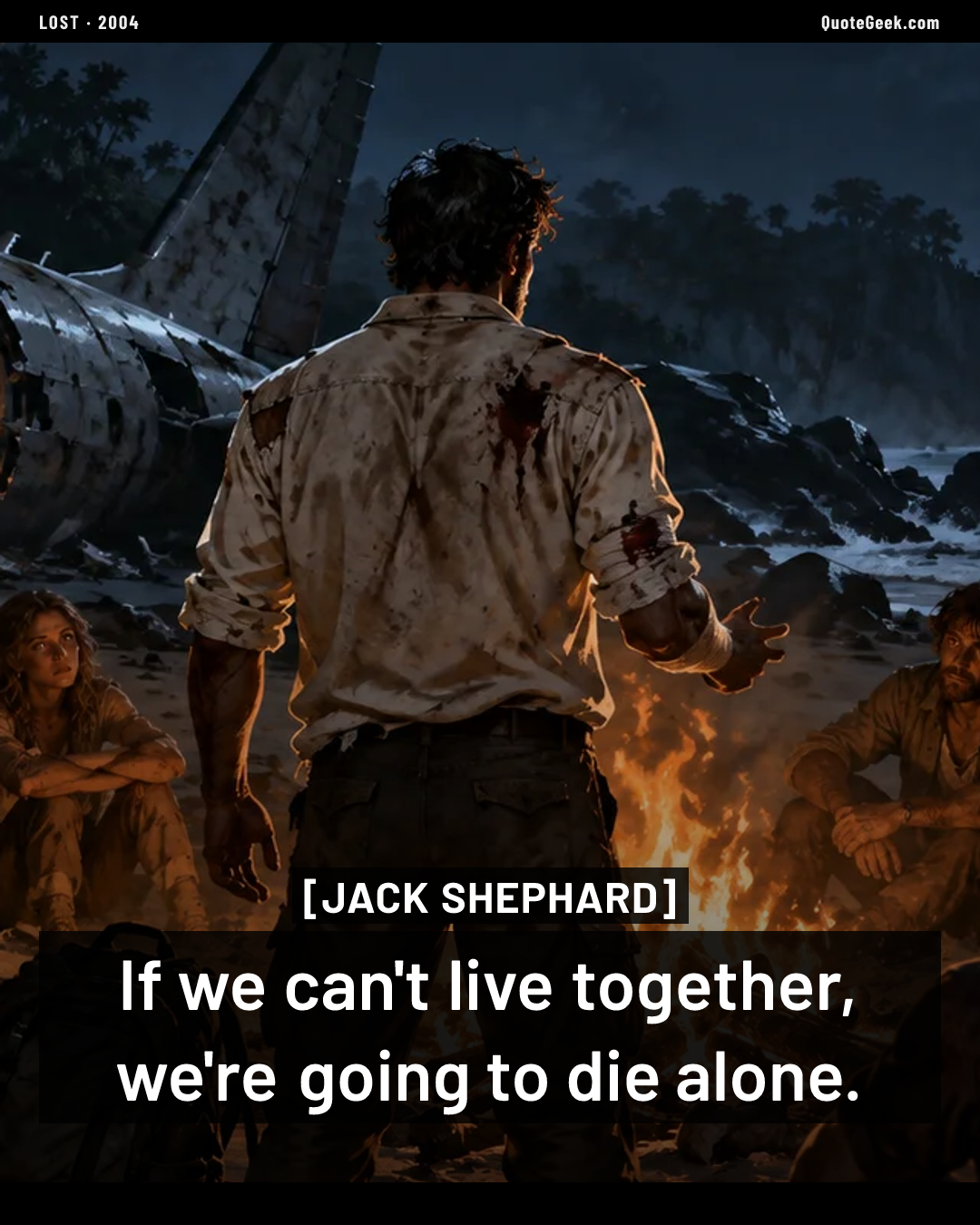 “If we can't live together, we're going to die alone.” — Jack Shephard · Lost. Illustrated QuoteGeek card.
