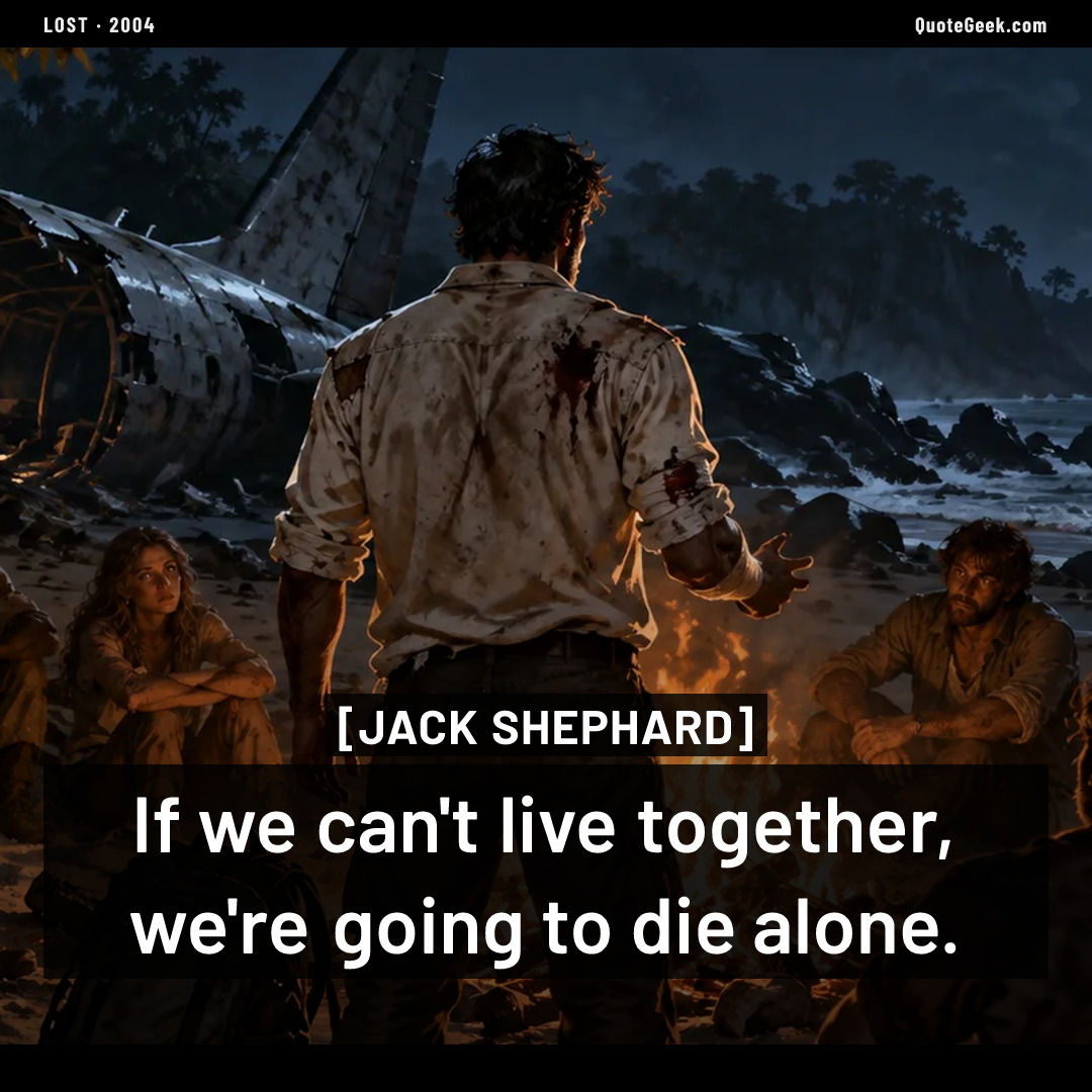 “If we can't live together, we're going to die alone.” — Jack Shephard · Lost. Illustrated QuoteGeek card.