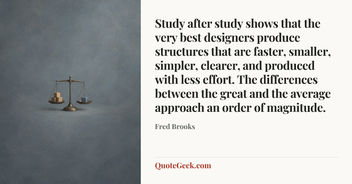 “Study after study shows that the very best designers produce structures that are faster, smaller, simpler, clearer, and produced with less effort. The differences between the great and the average approach an order of magnitude.” — Fred Brooks. Illustrated QuoteGeek card.