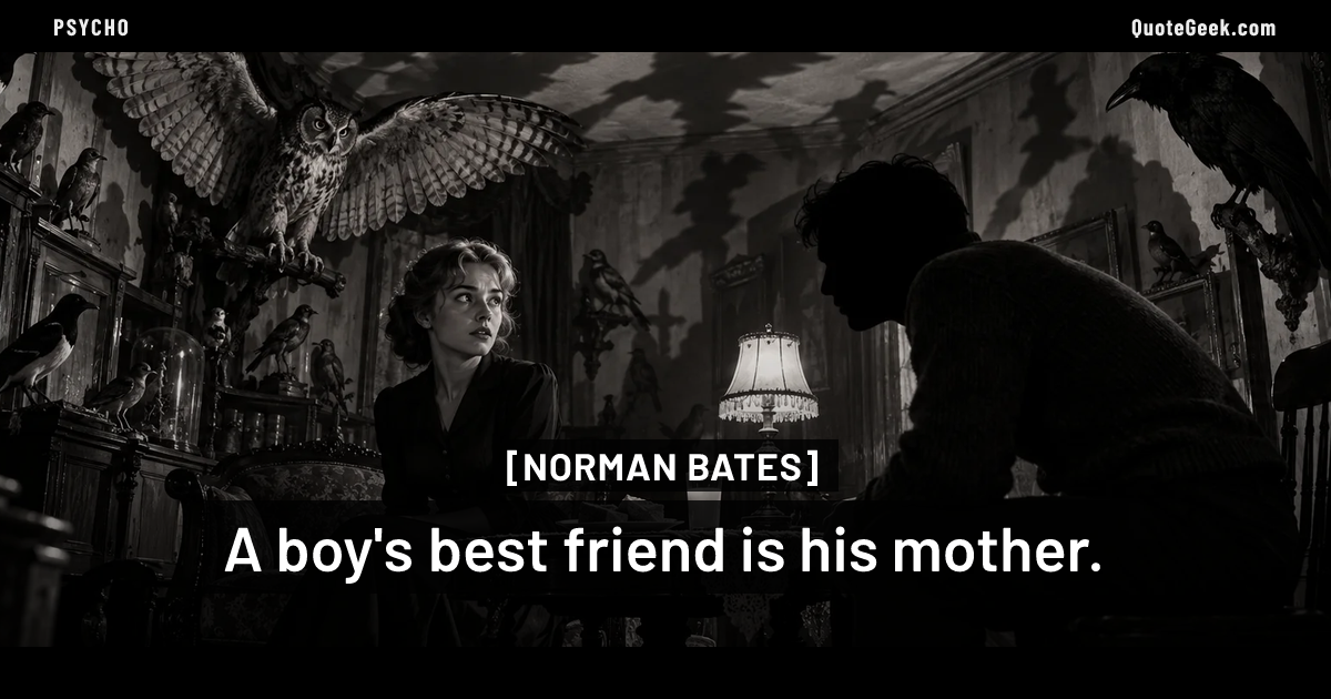 “A boy's best friend is his mother.” — Norman Bates · Psycho. Illustrated QuoteGeek card.