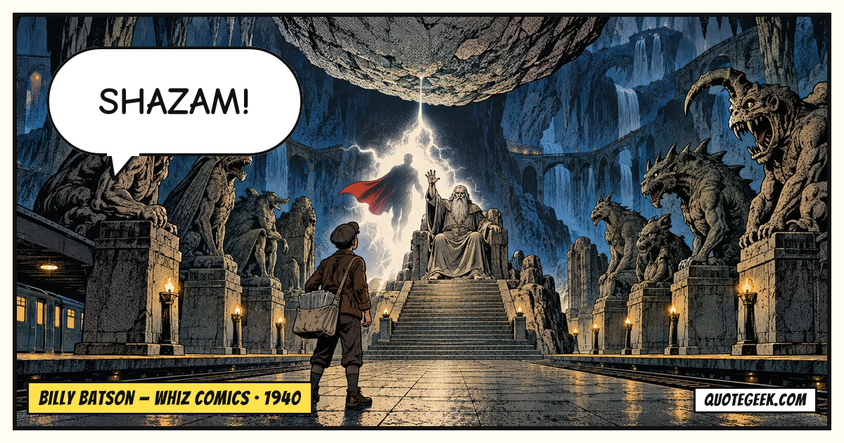 “Shazam!” — Billy Batson · Whiz Comics. Illustrated QuoteGeek card.