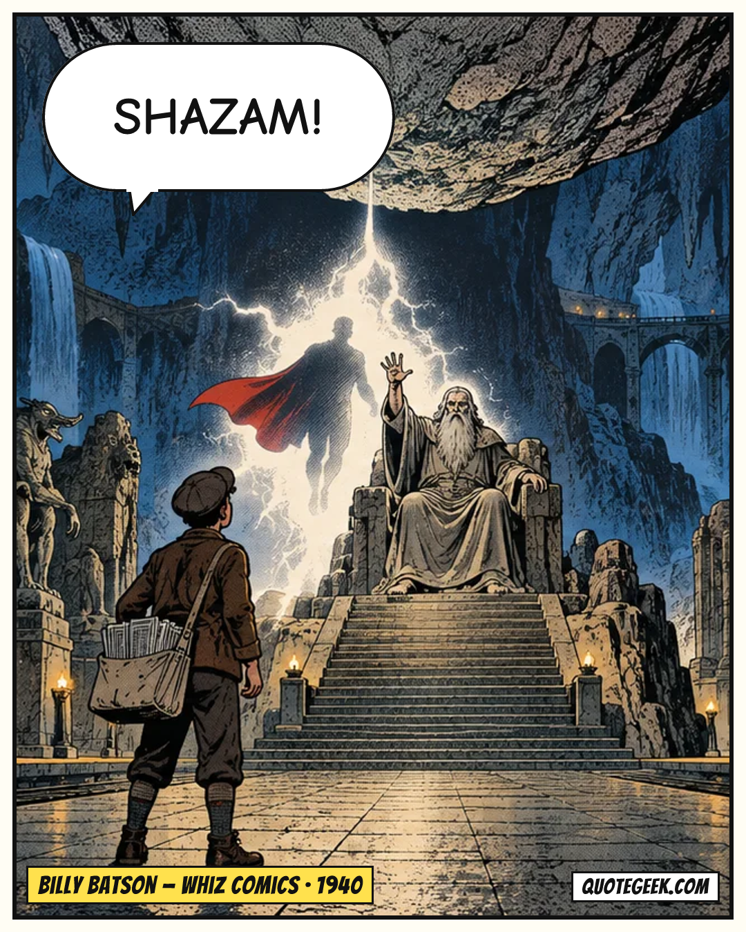 “Shazam!” — Billy Batson · Whiz Comics. Illustrated QuoteGeek card.
