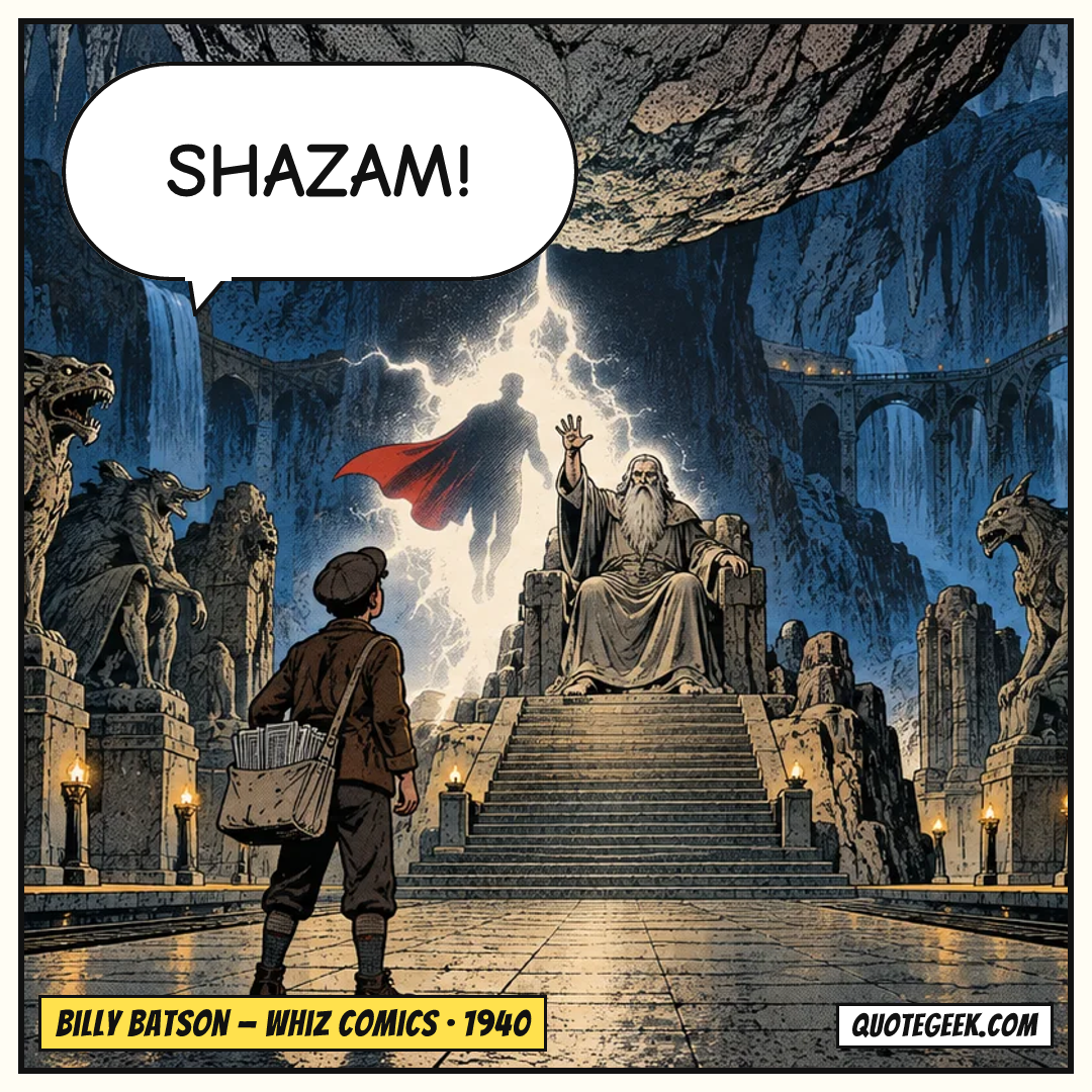 “Shazam!” — Billy Batson · Whiz Comics. Illustrated QuoteGeek card.