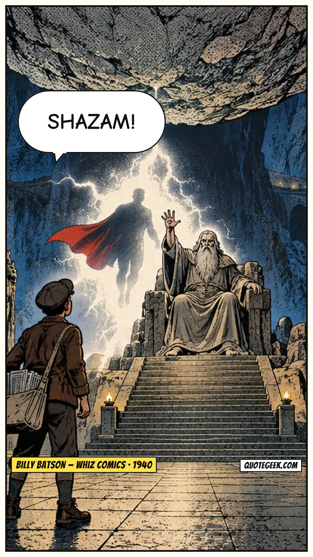 “Shazam!” — Billy Batson · Whiz Comics. Illustrated QuoteGeek card.
