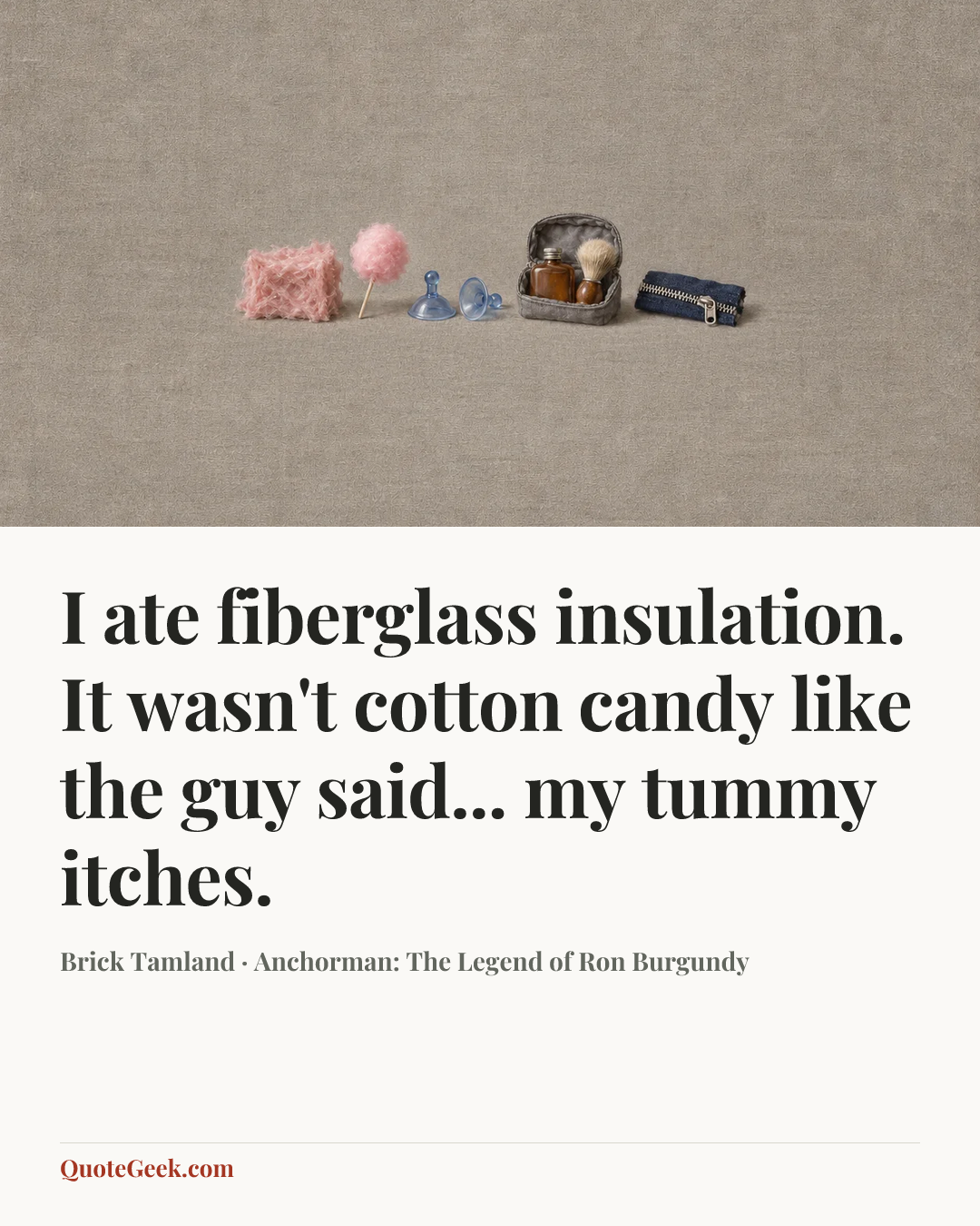 “I ate fiberglass insulation. It wasn't cotton candy like the guy said... my tummy itches.” — Brick Tamland · Anchorman: The Legend of Ron Burgundy. Illustrated QuoteGeek card.