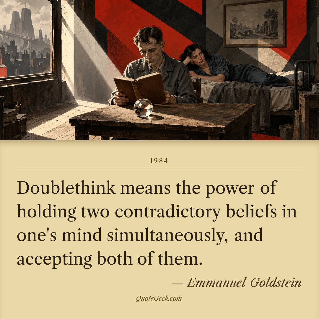 “Doublethink means the power of holding two contradictory beliefs in one's mind simultaneously, and accepting both of them.” — Emmanuel Goldstein · 1984. Illustrated QuoteGeek card.
