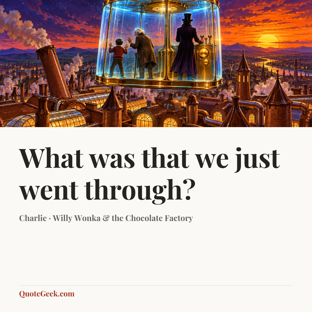 “What was that we just went through?” — Charlie · Willy Wonka & the Chocolate Factory. Illustrated QuoteGeek card.