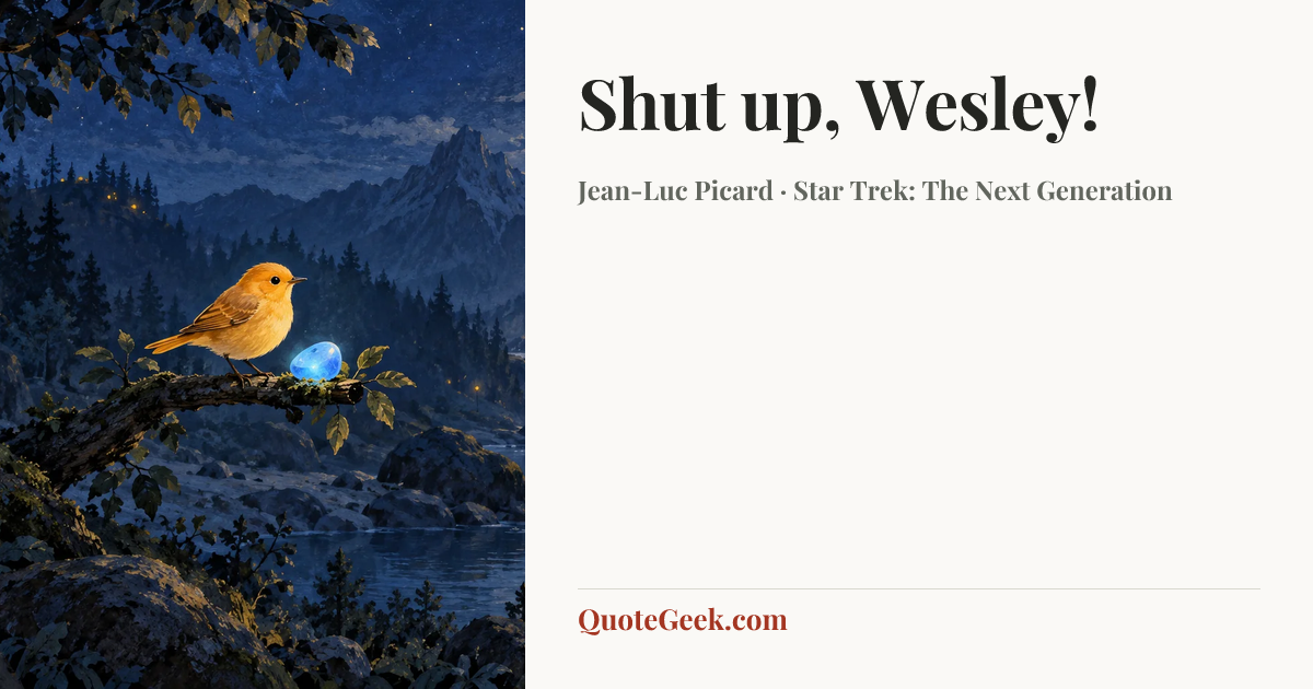 “Shut up, Wesley!” — Jean-Luc Picard · Star Trek: The Next Generation. Illustrated QuoteGeek card.