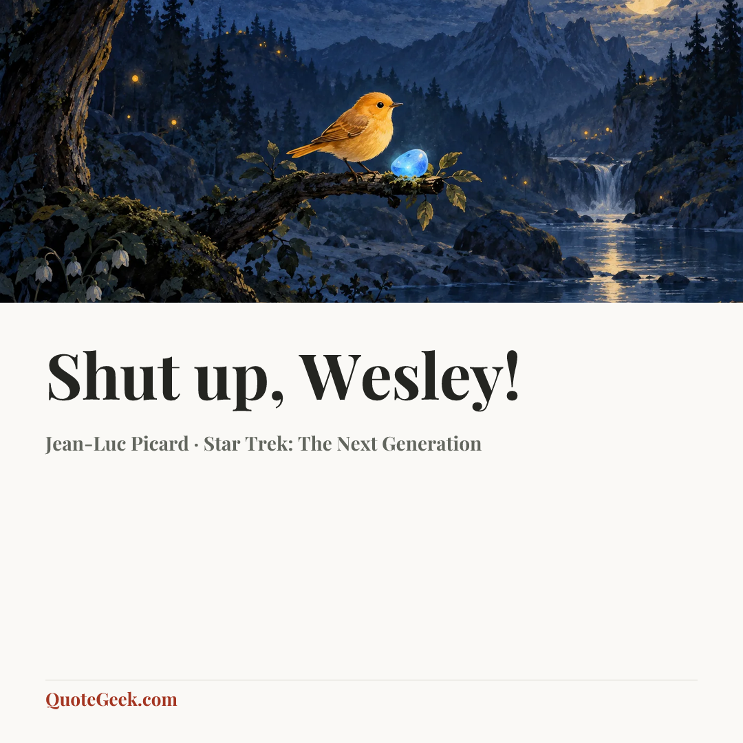 “Shut up, Wesley!” — Jean-Luc Picard · Star Trek: The Next Generation. Illustrated QuoteGeek card.