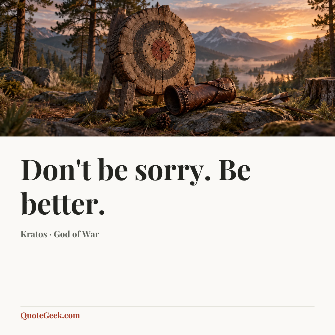 “Don't be sorry. Be better.” — Kratos · God of War. Illustrated QuoteGeek card.