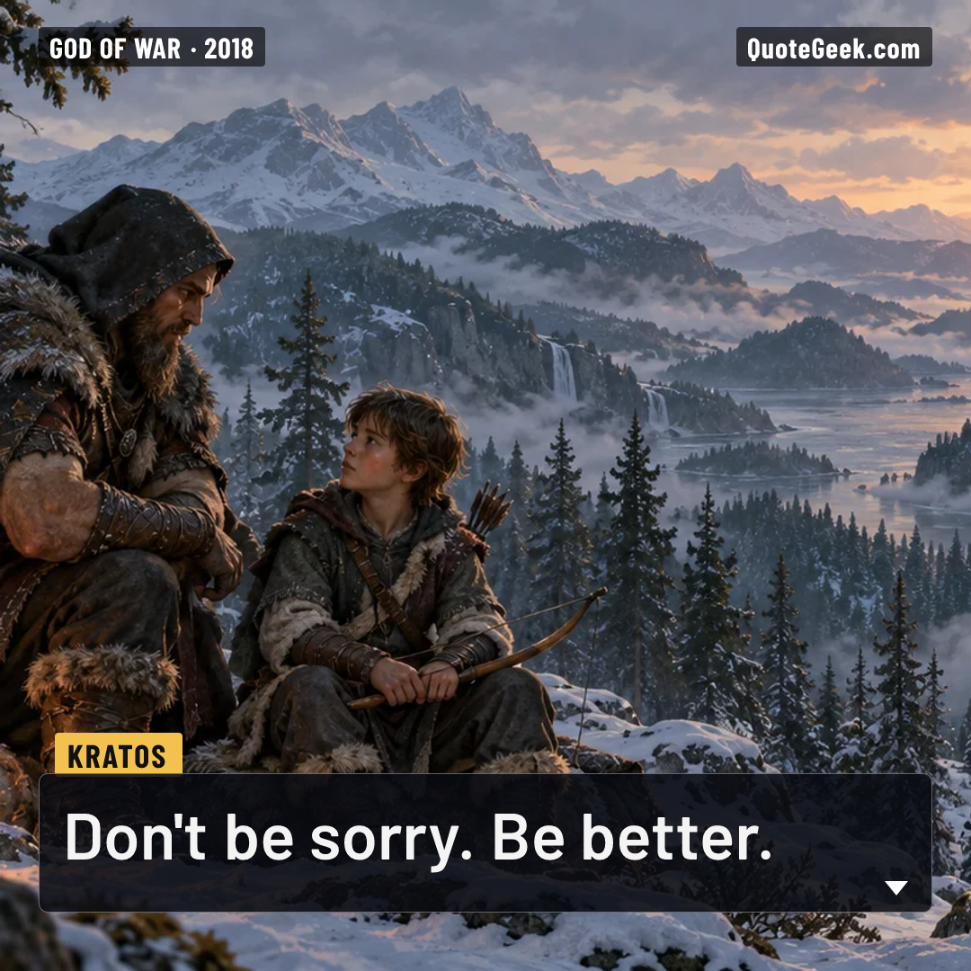 “Don't be sorry. Be better.” — Kratos · God of War. Illustrated QuoteGeek card.