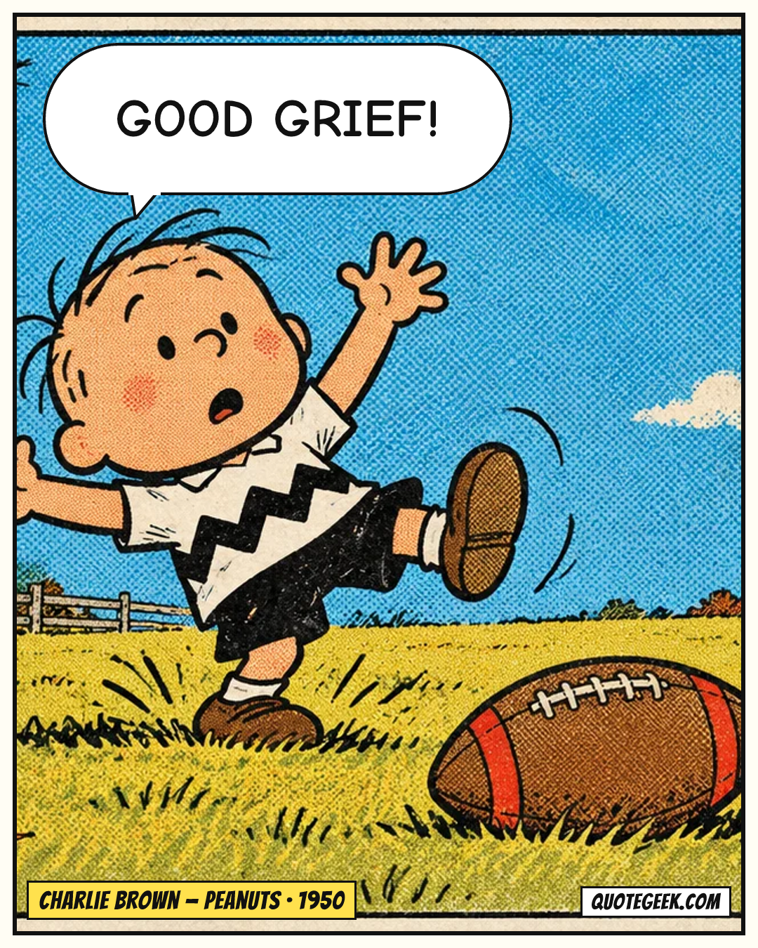“Good grief!” — Charlie Brown · Peanuts. Illustrated QuoteGeek card.