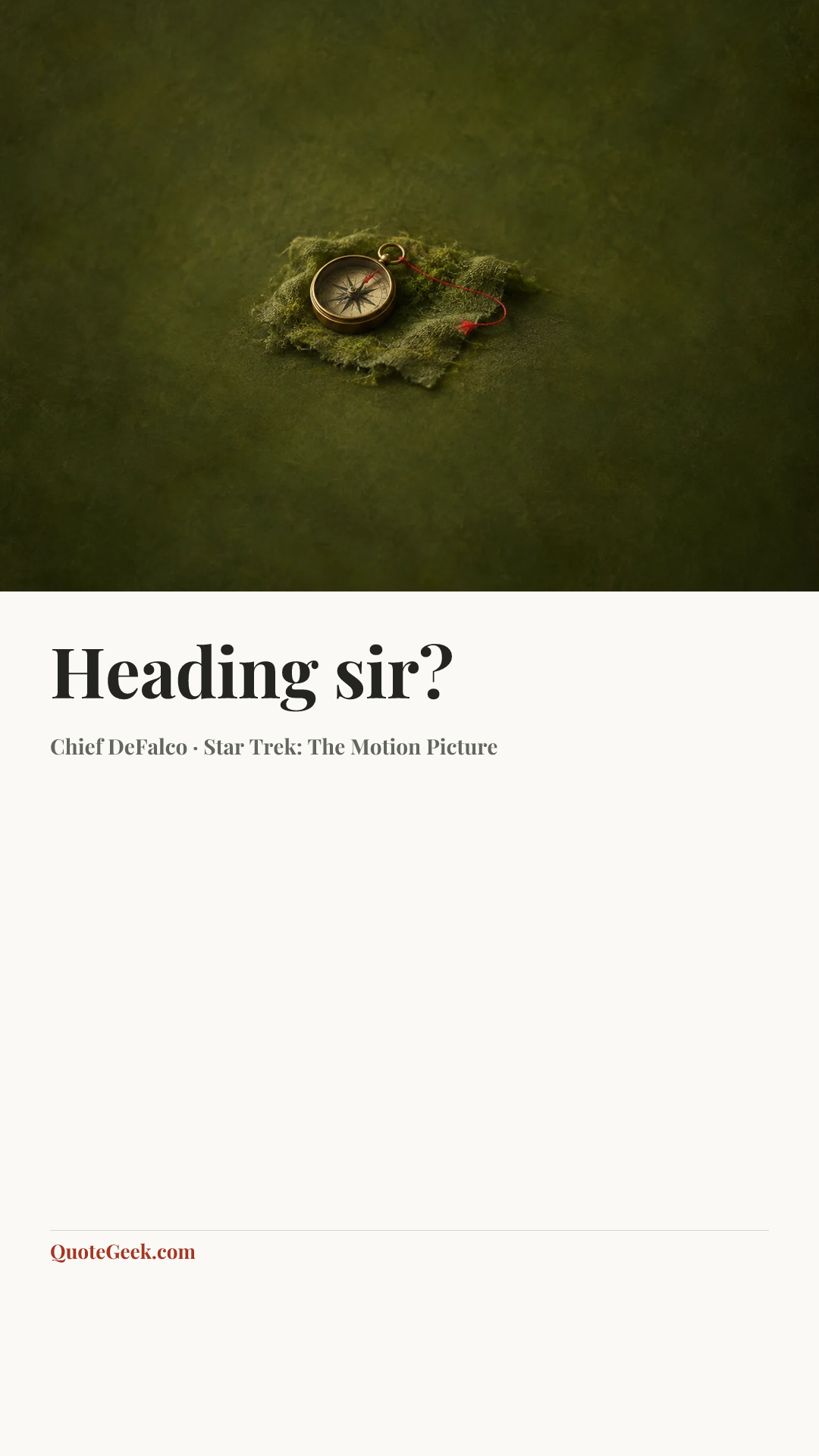 “Heading sir?” — Chief DeFalco · Star Trek: The Motion Picture. Illustrated QuoteGeek card.