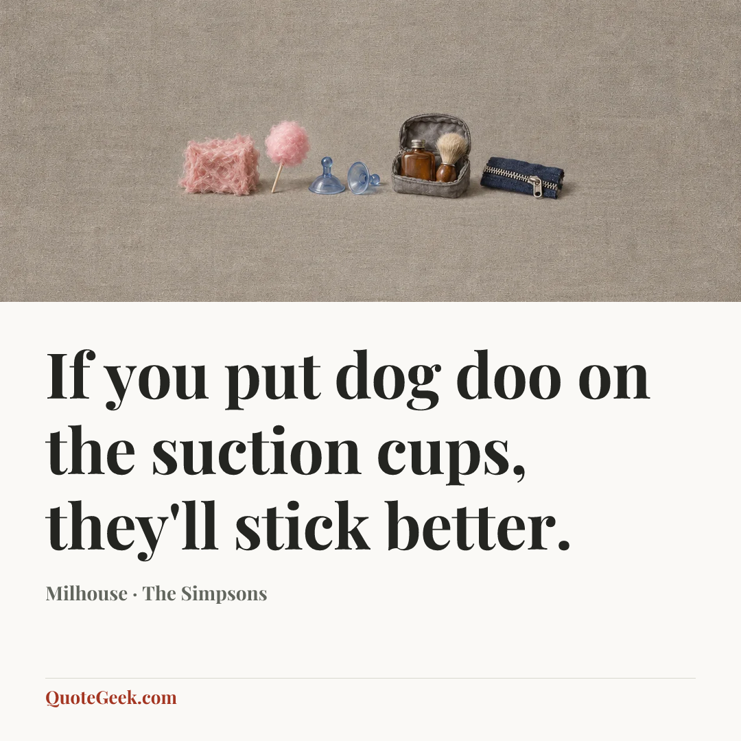“If you put dog doo on the suction cups, they'll stick better.” — Milhouse · The Simpsons. Illustrated QuoteGeek card.