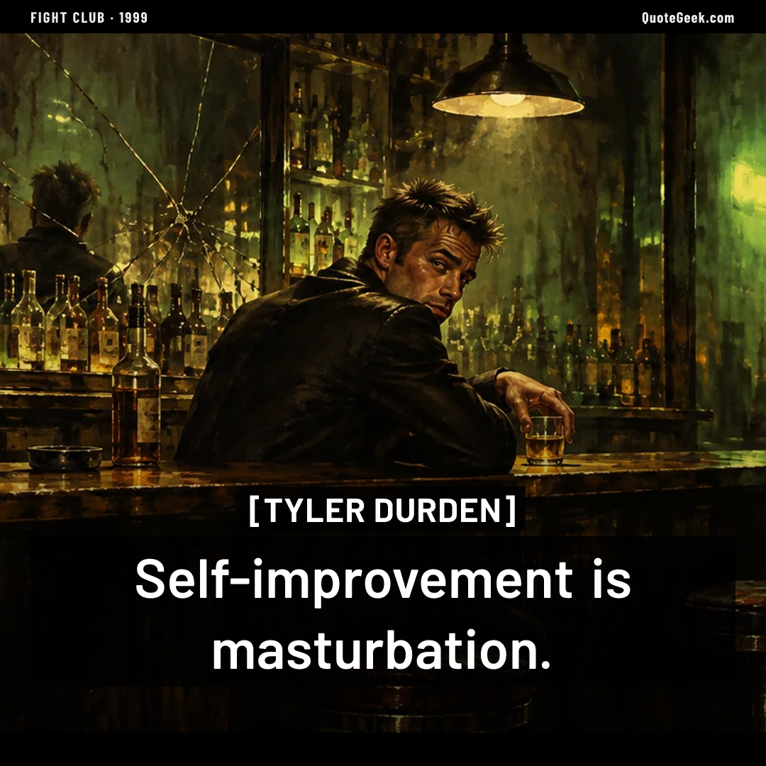 “Self-improvement is masturbation.” — Tyler Durden · Fight Club. Illustrated QuoteGeek card.