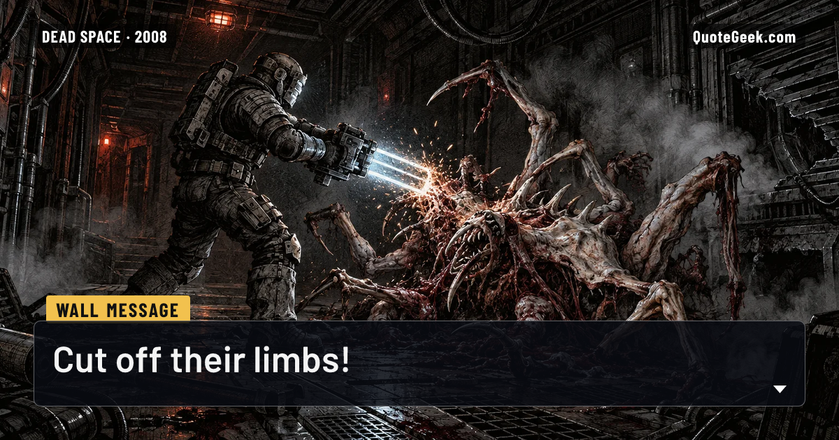 “Cut off their limbs!” — Wall message · Dead Space. Illustrated QuoteGeek card.