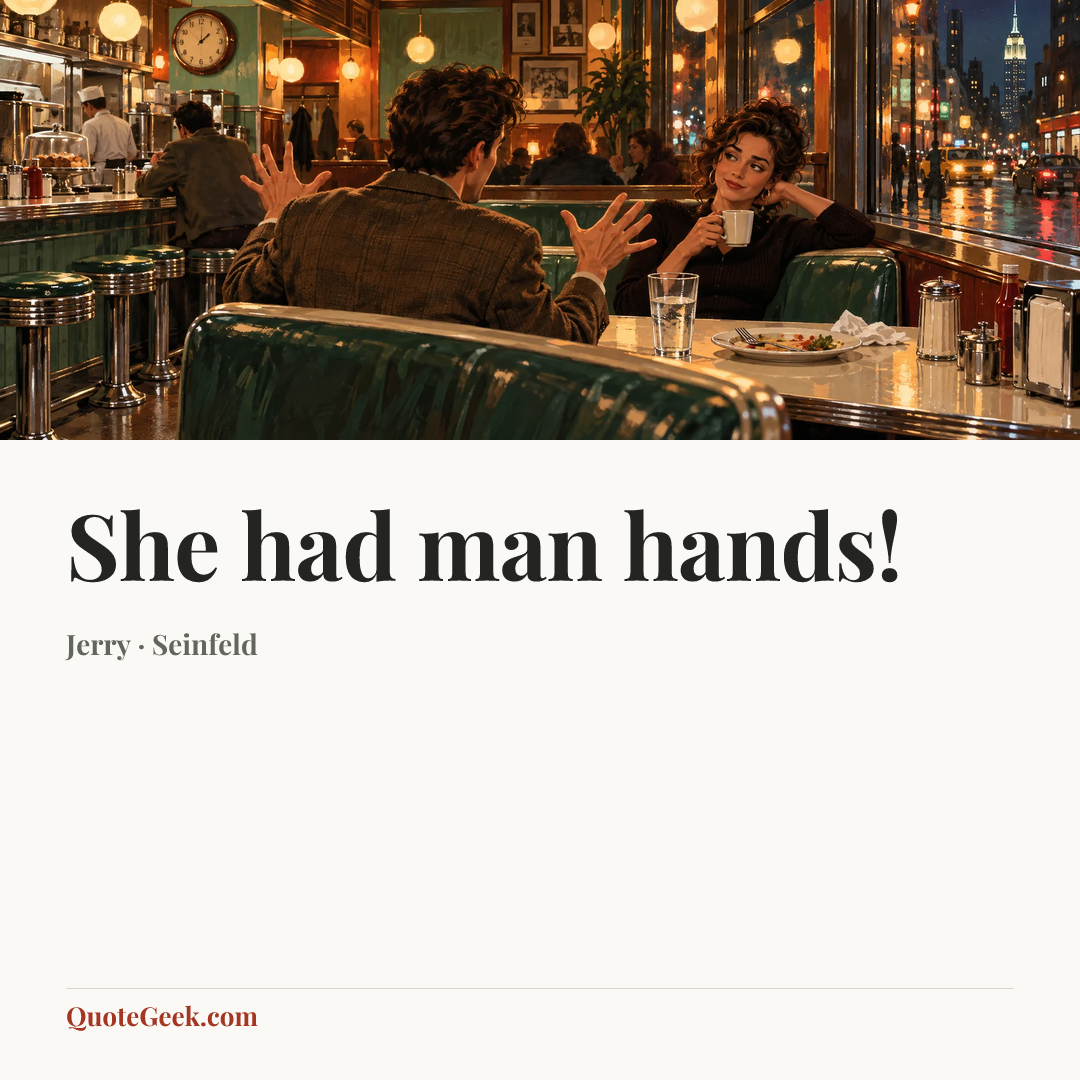 “She had man hands!” — Jerry · Seinfeld. Illustrated QuoteGeek card.
