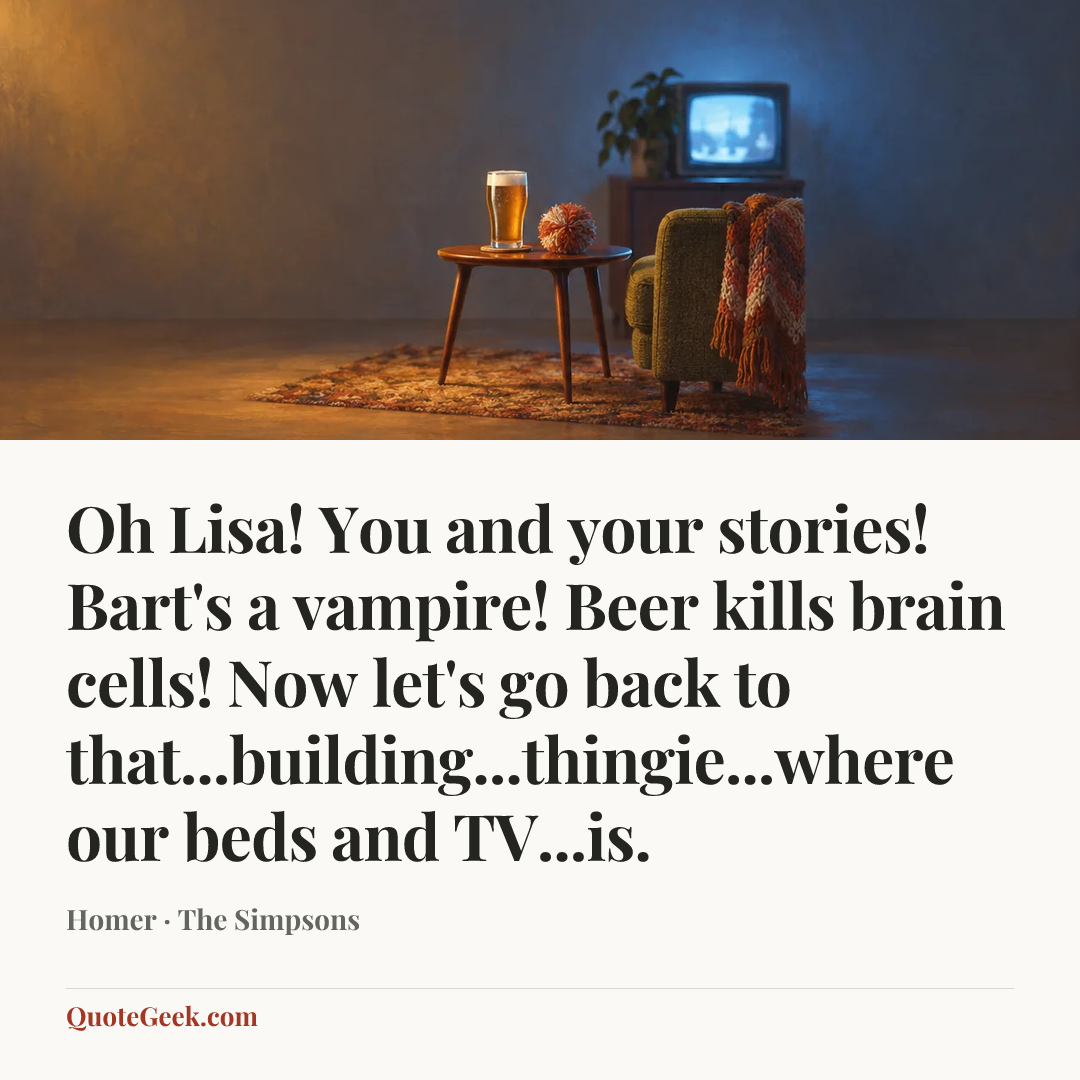 “Oh Lisa! You and your stories! Bart's a vampire! Beer kills brain cells! Now let's go back to that...building...thingie...where our beds and TV...is.” — Homer · The Simpsons. Illustrated QuoteGeek card.