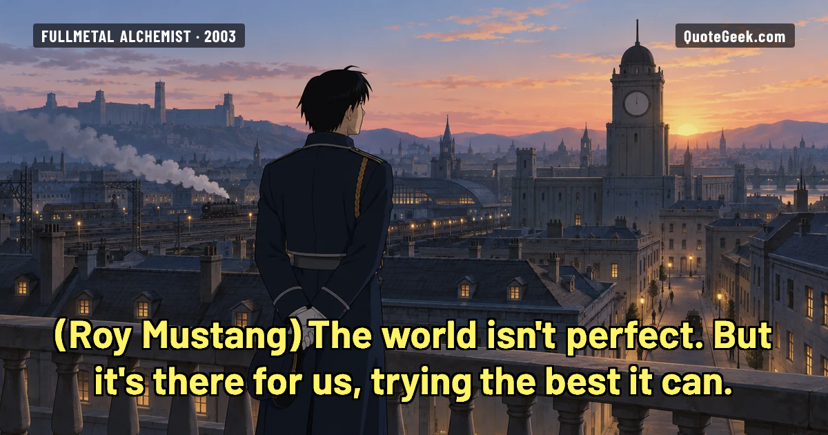“The world isn't perfect. But it's there for us, trying the best it can.” — Roy Mustang · Fullmetal Alchemist. Illustrated QuoteGeek card.